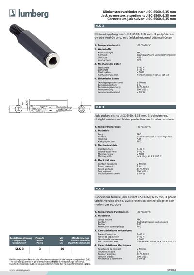 LUMBERG Klinkensteckverbinder nach JISC 6560 6 35 mm Jack connectors according to JISC 6560 6.35 mm Connecteurs jack suivant JISC 6560 6 35 mm handbook(3) - cover page
