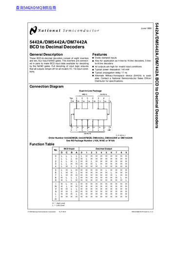 National Semiconductor 5442A/DM5442A/DM7442A BCD to Decimal Decoder Datasheet - cover page