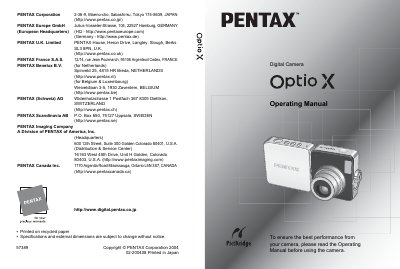 Pentax Optio X Digital Camera Operating Manual - cover page