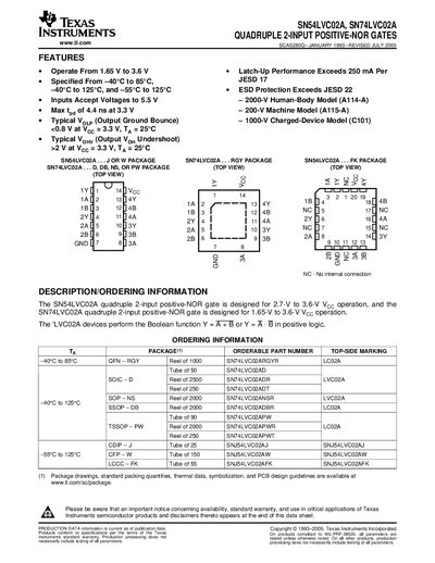 Texas Instruments SN54LVC02A and SN74LVC02A Quadruple 2-Input Positive-NOR Gates Datasheet - cover page