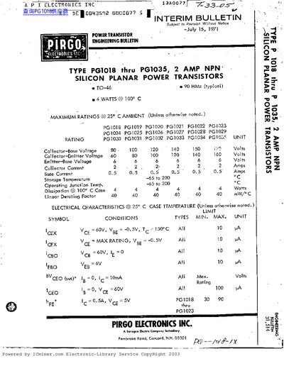 PIRCO TYPE PG101B thru PG1035 2 AMP NPN SILICON PLANAR POWER TRANSISTORS TO-46 - cover page