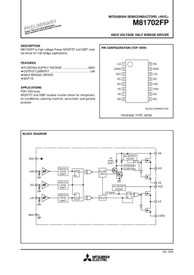 Mitsubishi M81702FP High Voltage Half Bridge Driver Datasheet - cover page