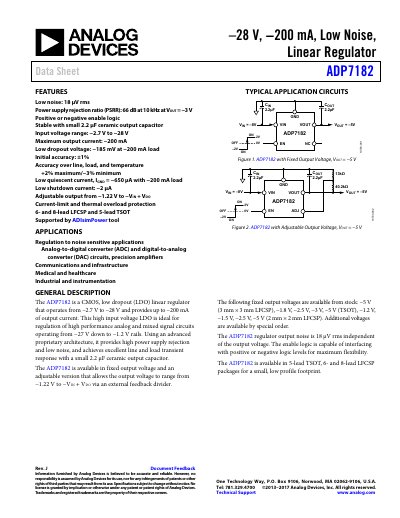 Analog Devices ADP7182 Low Noise Linear Regulator Data Sheet