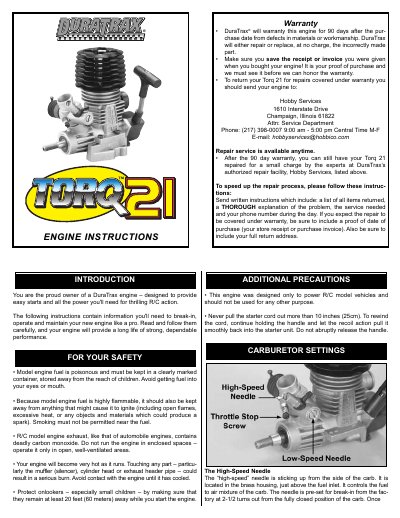 DuraTrax Torq 21 Engine Instructions - cover page