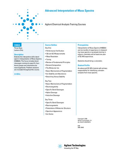 Agilent H4065A Advanced Interpretation of Mass Spectra Lecture Handbook - cover page