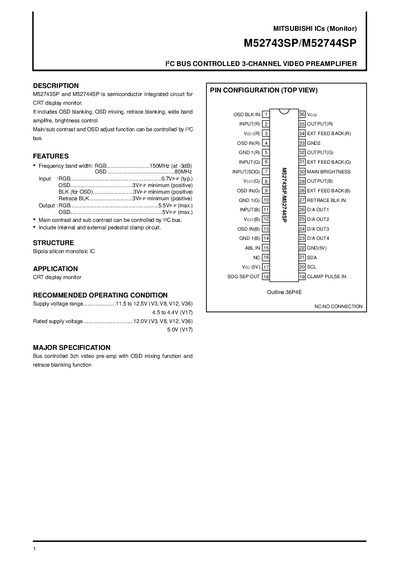 Mitsubishi M52743SP/M52744SP 3-Channel Video Preamplifier Datasheet - cover page