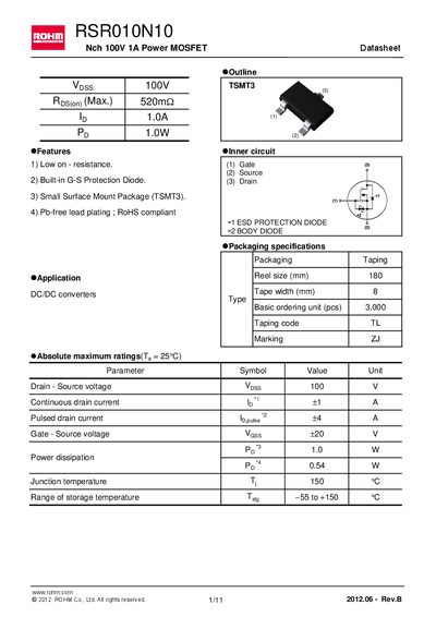 ROHM RSR010N10 Power MOSFET Datasheet - cover page