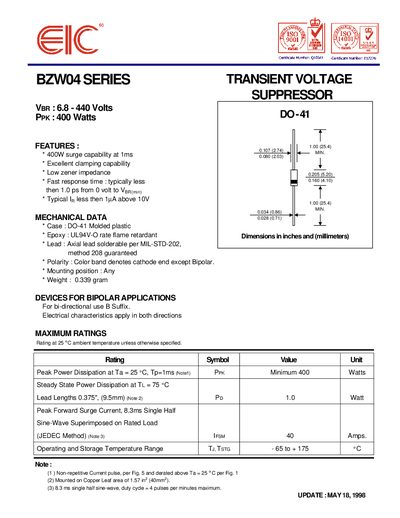 BZW04 SERIES Transient Voltage Suppressor Datasheet - cover page
