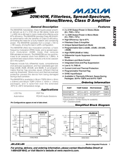 Maxim Integrated MAX9708 Class D Audio Amplifier Datasheet