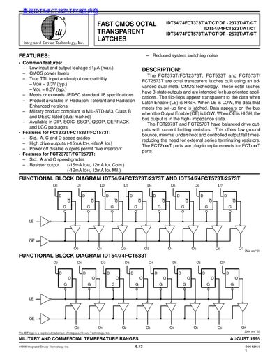 Integrated Device Technology Inc IDT54/74FCT373T/AT/CT/DT - 2373T/AT/CT IDT54/74FCT533T/AT/CT IDT54/74FCT573T/AT/CT/DT - 2573T/AT/CT - cover page