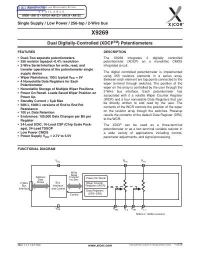 XICOR Single Supply Low Power 256-tap 2-Wire bus X9269 Dual Digitally-Controlled (XDCP TM ) Potentiometers - cover page
