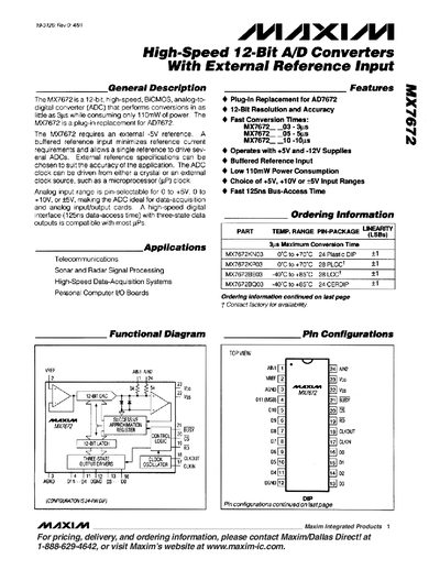 Maxim MX7672 High-Speed 12-Bit A/D Converter Manual
