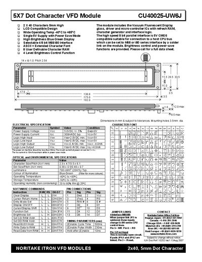 Noritake Itron CU40025-UW6J VFD Module Manual - cover page
