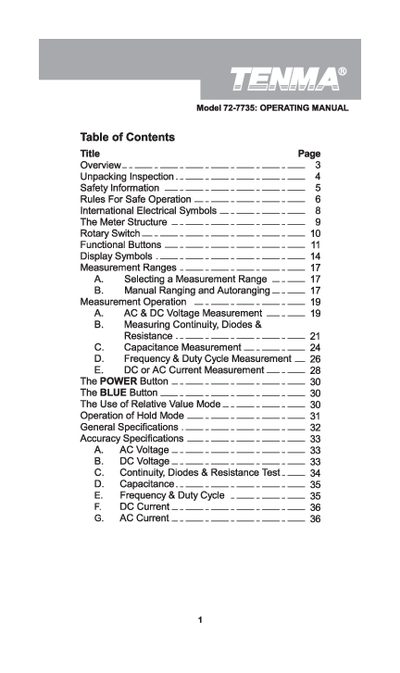 Tenma 72-7735 Digital Multimeter Operating Manual - cover page