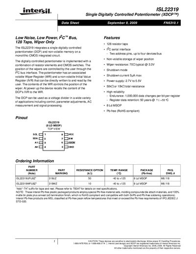 Intersil ISL22319 Single Digitally Controlled Potentiometer Data Sheet - cover page