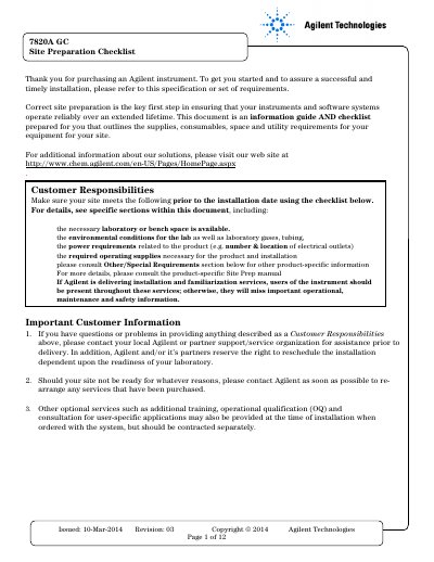 Agilent 7820A GC Site Preparation Checklist