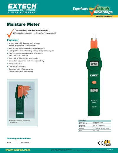 EXTECH MO100 Moisture Meter Product Datasheet - cover page