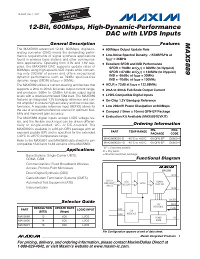 Maxim MAX5889 12‑Bit 600Msps High‑Dynamic‑Performance DAC Datasheet - cover page