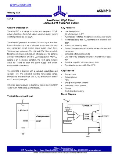 Alliance Semiconductor ASM1810 Low Power uP Reset Datasheet - cover page
