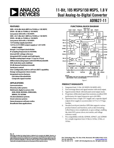 Analog Devices AD9627-11 Dual Analog-to-Digital Converter Datasheet - cover page