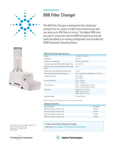 Agilent 808 Filter Changer Specifications and Ordering Information - cover page