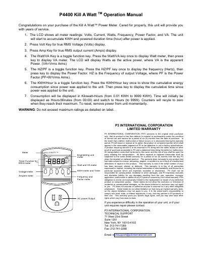 Kill A Watt P4400 Power Meter Operation Manual - cover page
