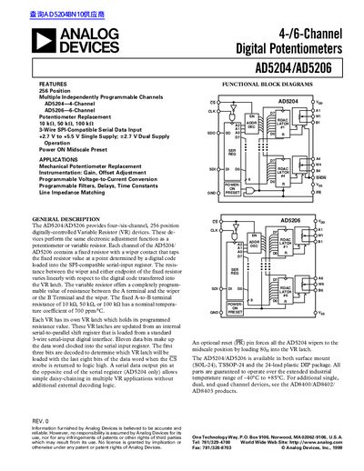 ANALOG DEVICES 4-/6-Channel Digital Potentiometers AD5204/AD5206 handbook - cover page