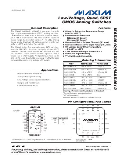 Maxim MAX4610/MAX4611/MAX4612 Low-Voltage Quad SPST CMOS Analog Switches Datasheet - cover page