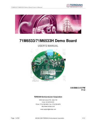 Teridian 71M6533/71M6533H Demo Board User Manual - cover page