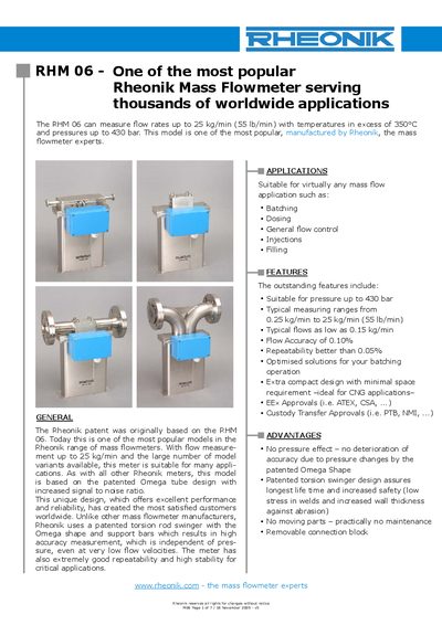 Rheonik RHM 06 Mass Flowmeter Technology Data