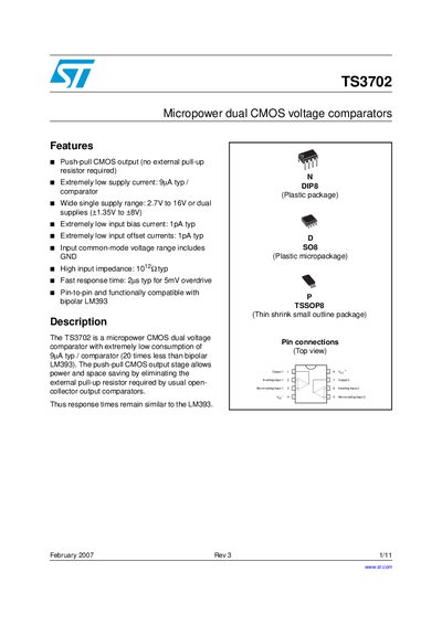 STMicroelectronics TS3702 Micropower Dual CMOS Voltage Comparator Datasheet - cover page