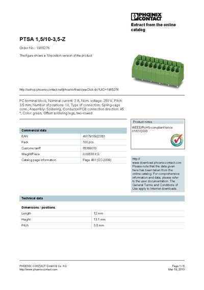 PHOENIX CONTACT PTSA 1 5/10-3 5-Z Order No.: 1985276 The figure shows a 10-position version of the product handbook - cover page