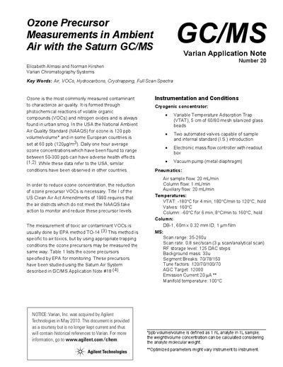 Agilent Saturn GC/MS Ozone Precursor Measurements Application Note - cover page