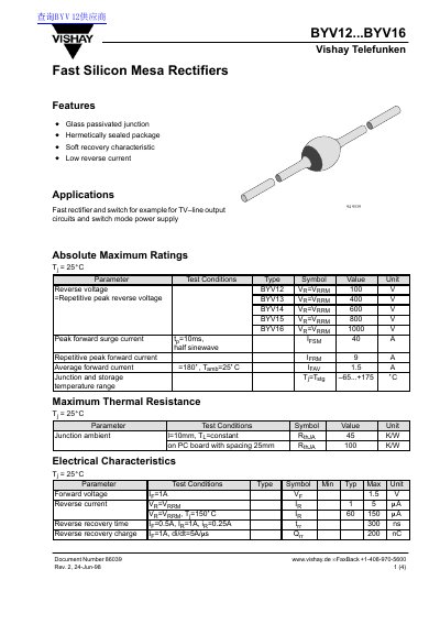 Vishay BYV12...BYV16 Fast Silicon Mesa Rectifiers Handbook - cover page