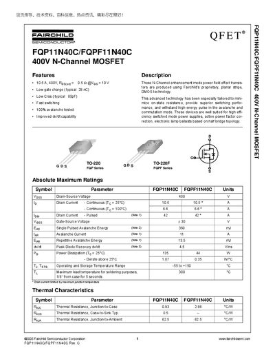 Fairchild FQP11N40C/FQPF11N40C Datasheet - cover page