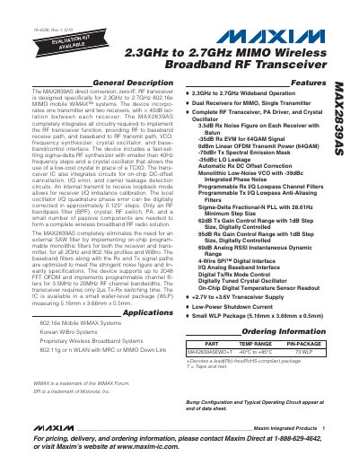 Maxim MAX2839AS 2.3‑2.7 GHz MIMO Wireless Broadband RF Transceiver Datasheet - cover page