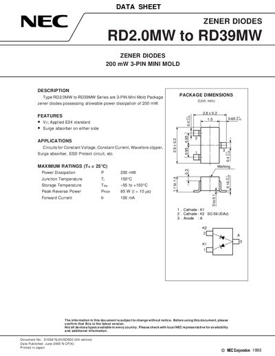 NEC RD2.0MW to RD39MW Zener Diode Datasheet - cover page