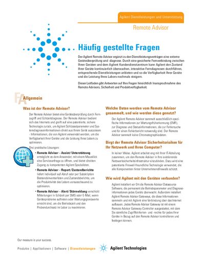 Agilent German version - Remote Advisor Frequently Asked Questions Brochure Brief- 5989-6440DEE Manual - cover page