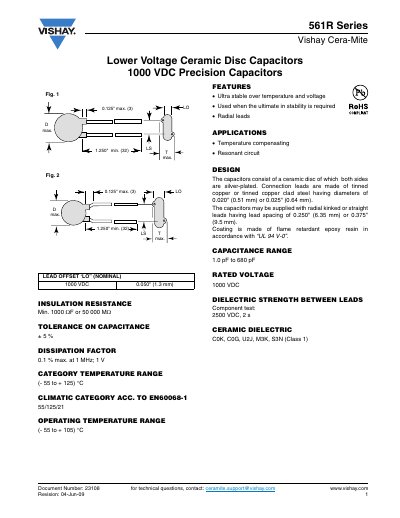 Vishay 561R Series Lower Voltage Ceramic Disc Capacitors Datasheet