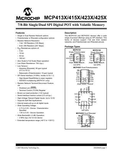 Microchip MCP413X/415X/423X/425X Digital Potentiometer Datasheet - cover page