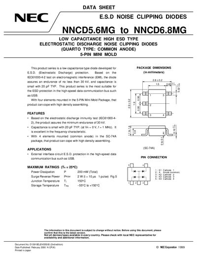 NEC NNCD5.6MG to NNCD6.8MG ESD Noise Clipping Diodes Datasheet - cover page