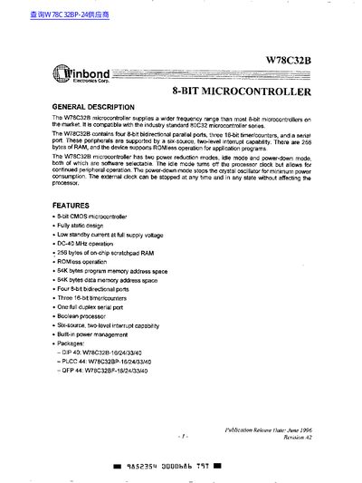 Winbond W78C32B 8-bit Microcontroller Datasheet - cover page