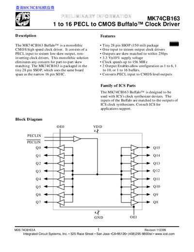 ICS MK74CB163 PECL to CMOS Clock Driver Datasheet - cover page