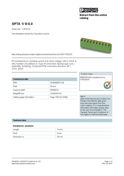 PHOENIX CONTACT - SPTA 1/ 8-5 0 Order No.: 1752272 The illustration shows the 10-position version handbook - cover page