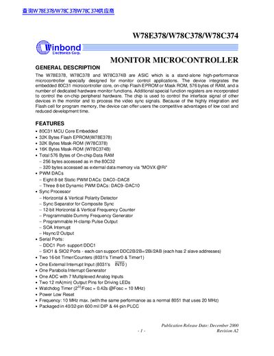 winbond electron corp 8-BIT MTP MICROCONTROLLER W78E378/W78C378/W78C374 Manual - cover page