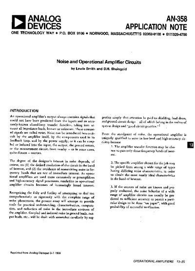 Analog Devices AN-358 Application Note Noise and Operational Amplifier Circuits - cover page