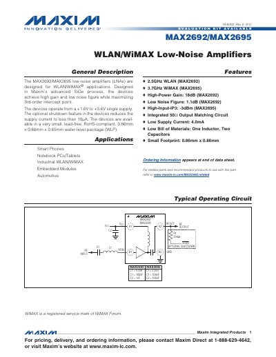 Maxim Integrated MAX2692/MAX2695 WLAN/WiMAX Low-Noise Amplifiers Datasheet - cover page