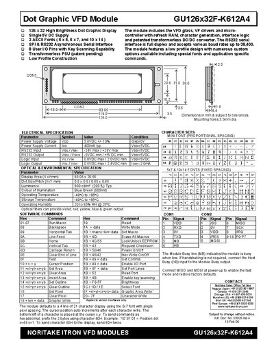 Noritake Itron GU126x32F-K612A4 Dot Graphic VFD Module Manual - cover page