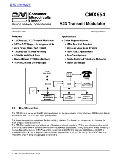 Consumer Microcircuits CMX654 V23 Transmit Modulator Datasheet - cover page