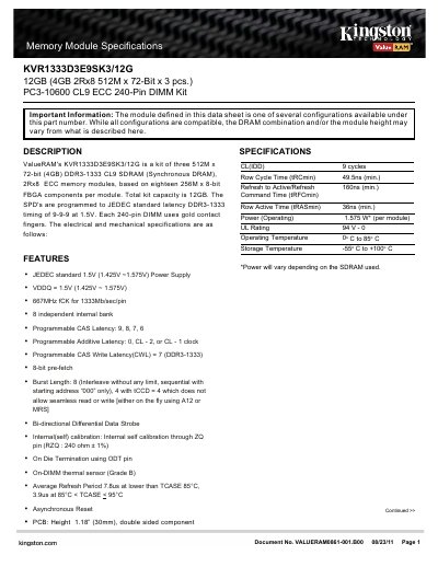 ValueRAM KVR1333D3E9SK3/12G DDR3-1333 ECC Memory Kit Datasheet - cover page
